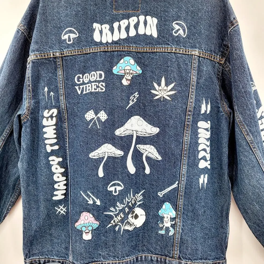 Eighty Eight Blue Jean 420 Don't Trip Stay Trippy Trucker Jacket Men's Size L